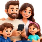 Família no sofá olhando o app Bubbe no celular.